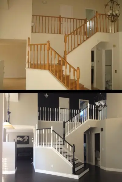 PaintMor Painters interior painting before and after image of staircase painted.