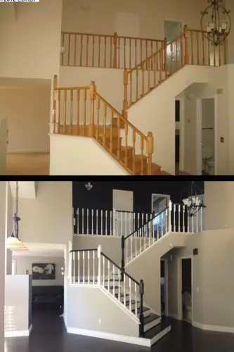 before and after of interior painting of a staircase