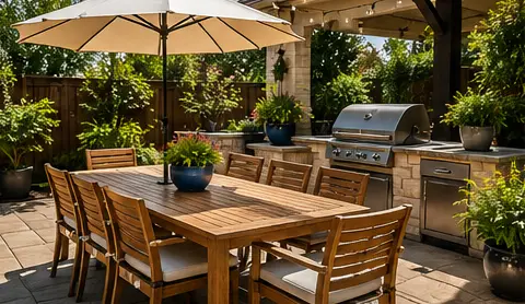 Outdoor dining patio in North Texas designed for outdoor living season with covered seating, outdoor kitchen, and landscaped backyard.