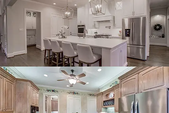 PaintMor Painters professional interior & exterior painters in Allen showing a before and after image of a kitchen.